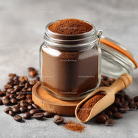 Ground Coffee in Glass Jar With Coffee Beans and Wooden Scoop