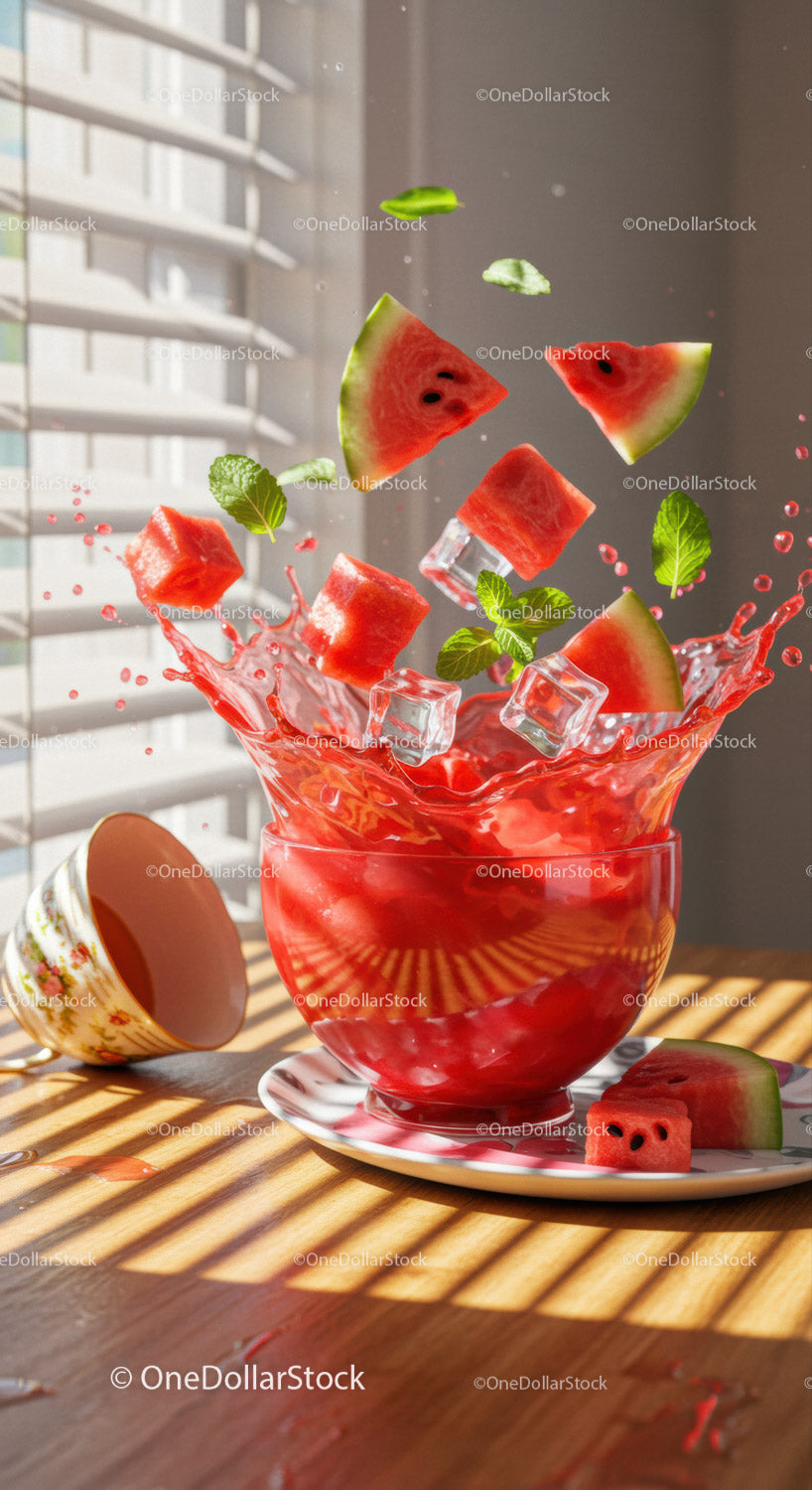 Refreshing watermelon splash with ice cubes and mint
