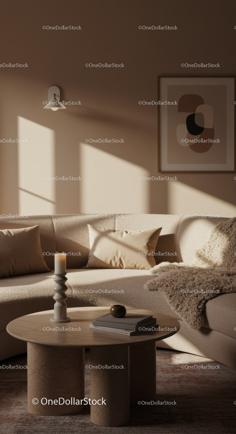 Przytulny salon z nowoczesną beżową sofą i wystrojem