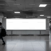 Empty illuminated billboard in modern indoor public space