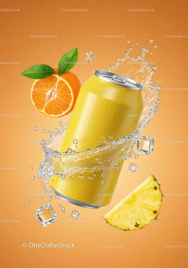 Refreshing Yellow Beverage Can with Citrus and Pineapple Splash JPG Mockup Image