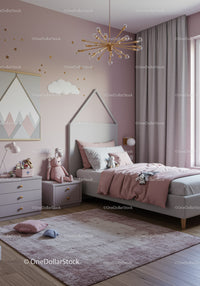 Cozy Pastel Pink Children's Bedroom with Plush Toys and Modern Decor