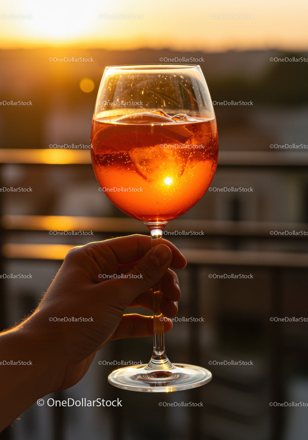 Dłoń trzymająca kieliszek Aperol Spritz o zachodzie słońca