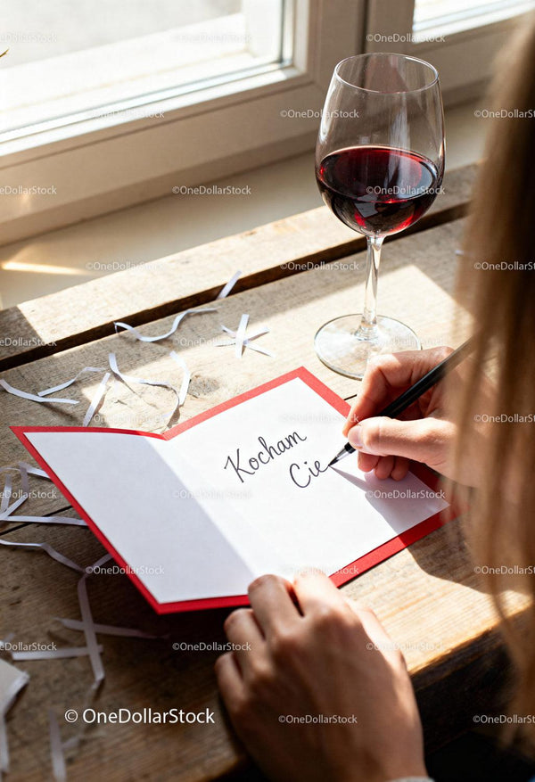 Writing a heartfelt love note with red wine near window