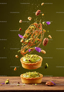 Pistachio tarts with flying nuts and caramel decoration