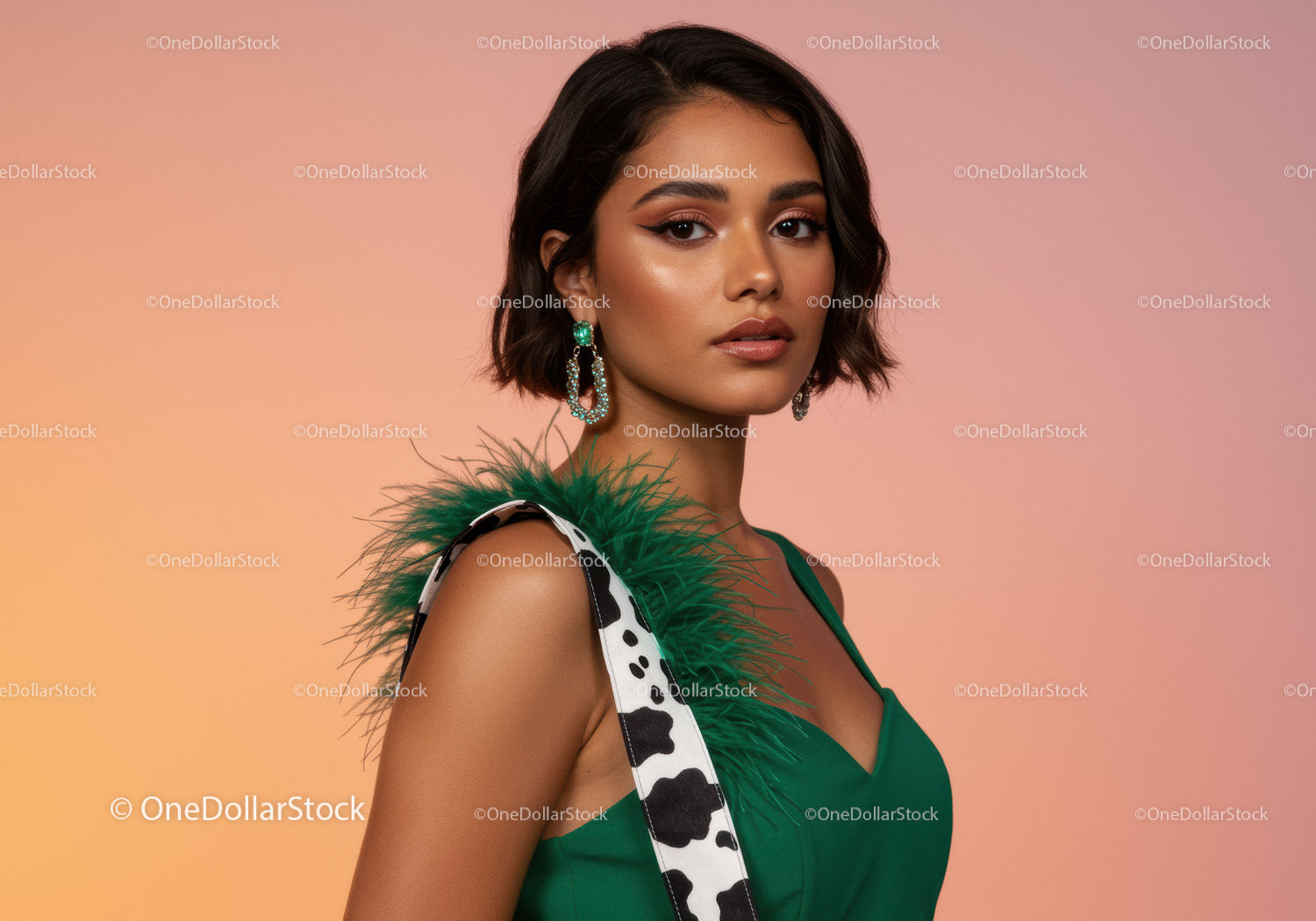 Elegant Woman in Green Dress with Statement Earrings Against Colorful Background