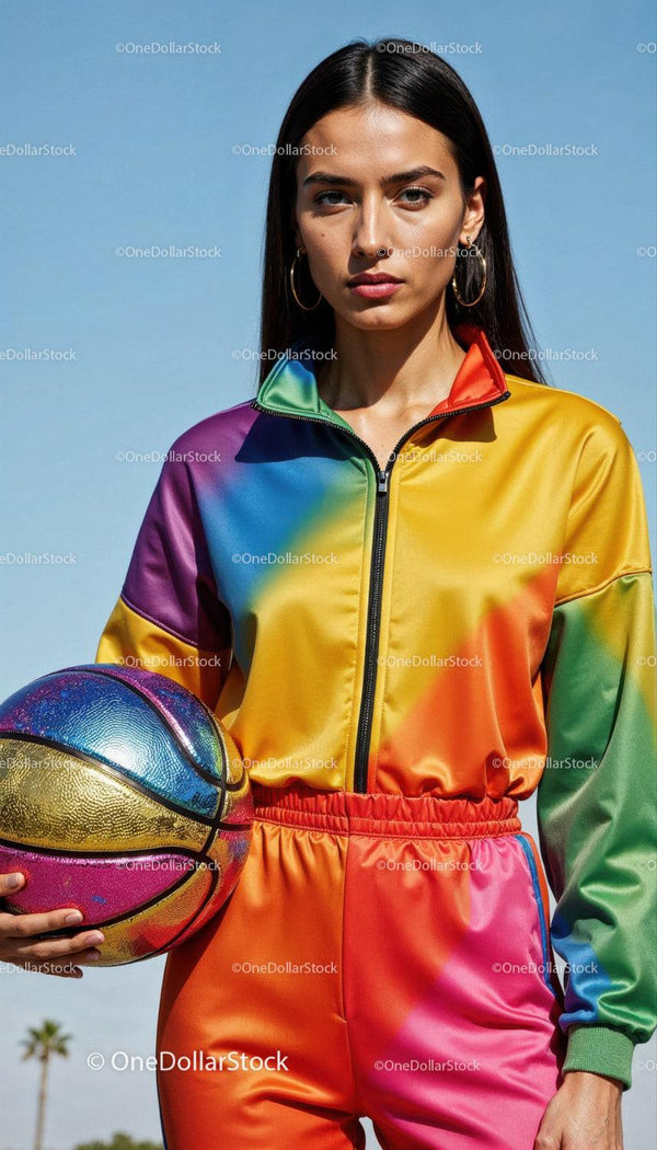 Colorful Rainbow Sportswear Woman with Basketball Outdoor