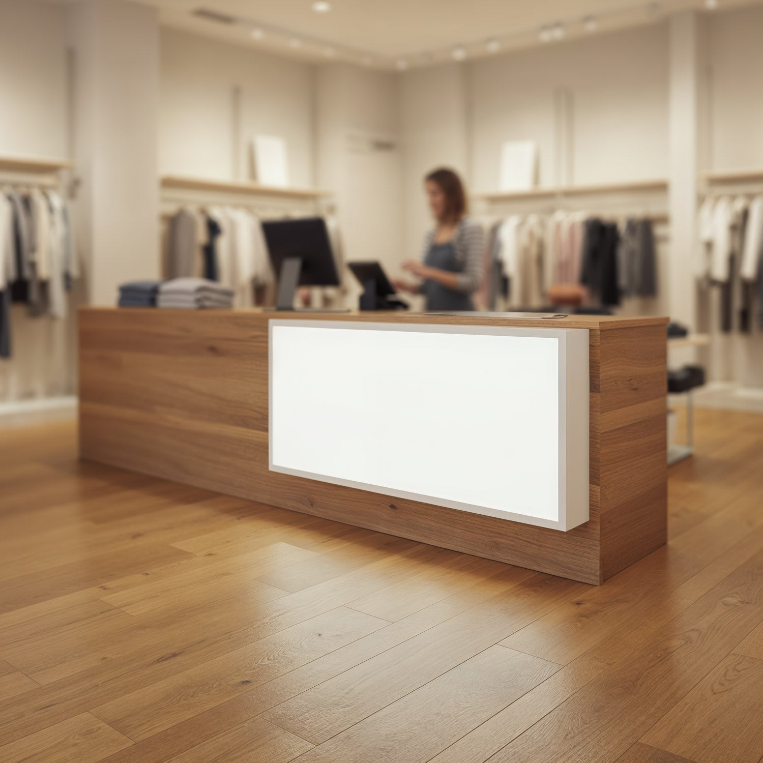 Modern clothing store wooden checkout counter with staff