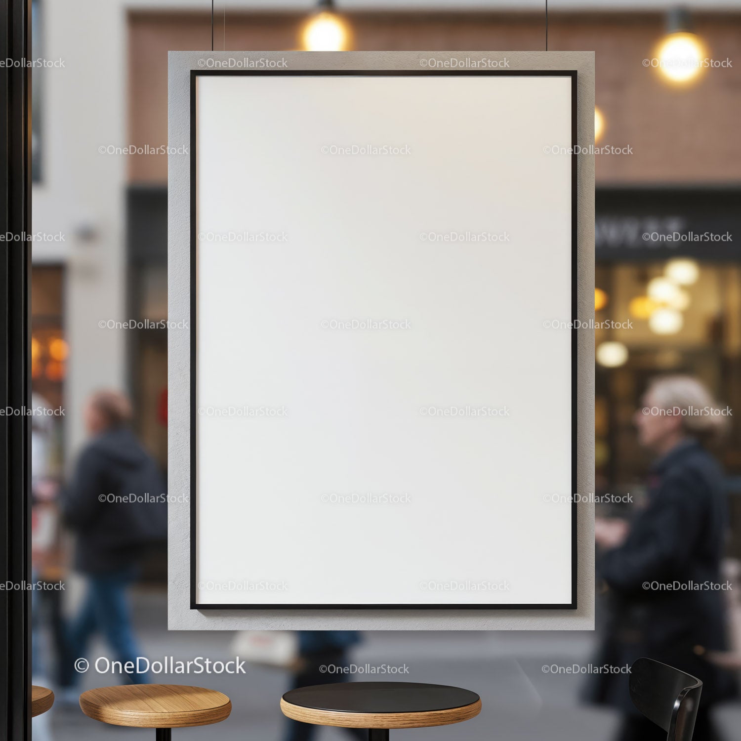 Blank poster frame in modern urban cafe interior