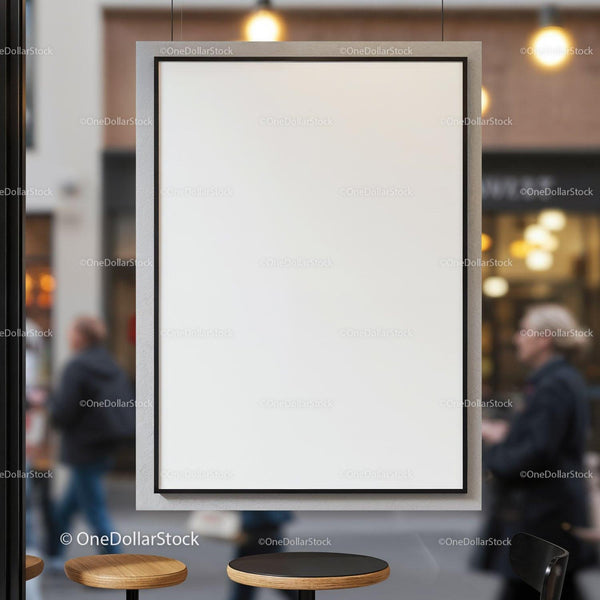 Blank poster frame in modern urban cafe interior JPG Mockup Image