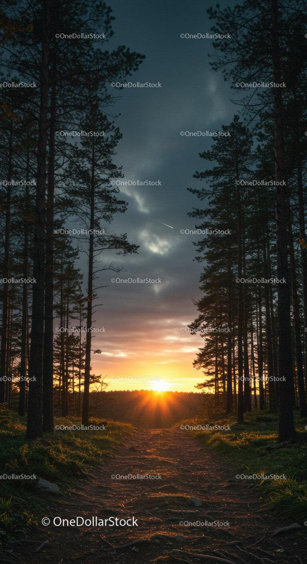 Sunset over Pine Forest with Dirt Path at Twilight
