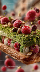 Decorative Raspberry and Pistachio Tart with Green Matcha