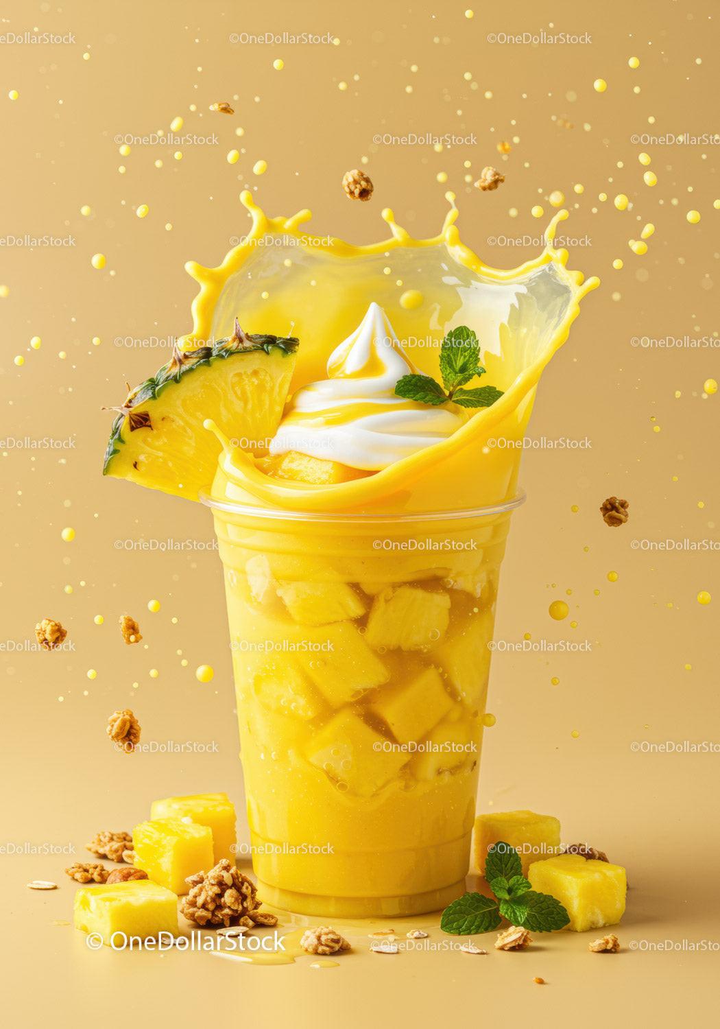 Refreshing pineapple smoothie with creamy topping splash