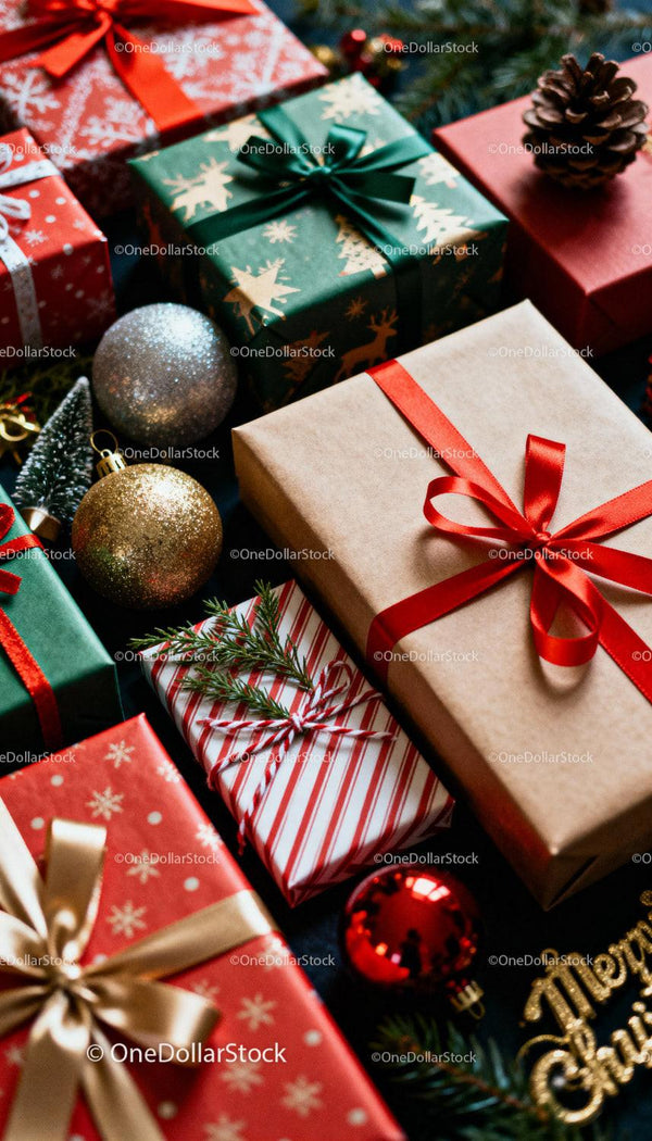 Festive Christmas Gifts Wrapped with Seasonal Decorations