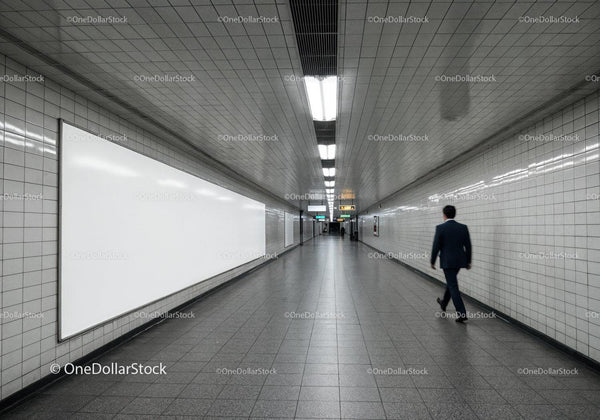 Modern Subway Tunnel with Tiled Walls and Fluorescent Lighting JPG Mockup Image