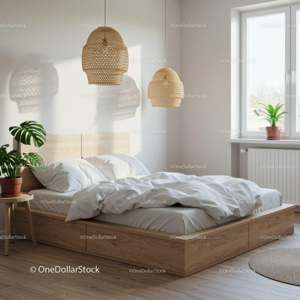 Cozy modern bedroom with natural wood and plants