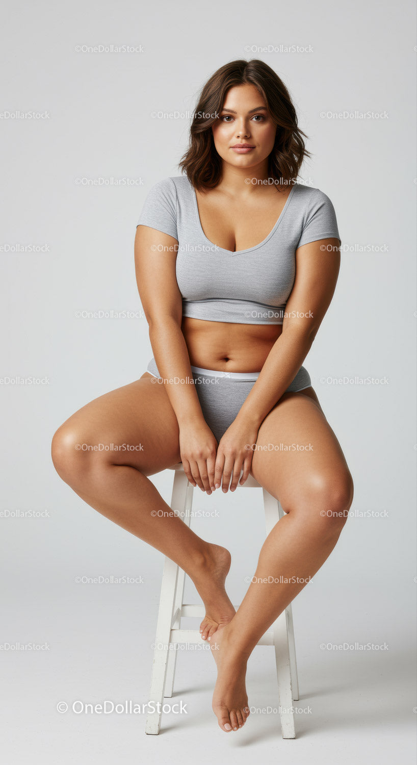 Young Woman Sitting on Stool in Casual Outfit with Confident Expression