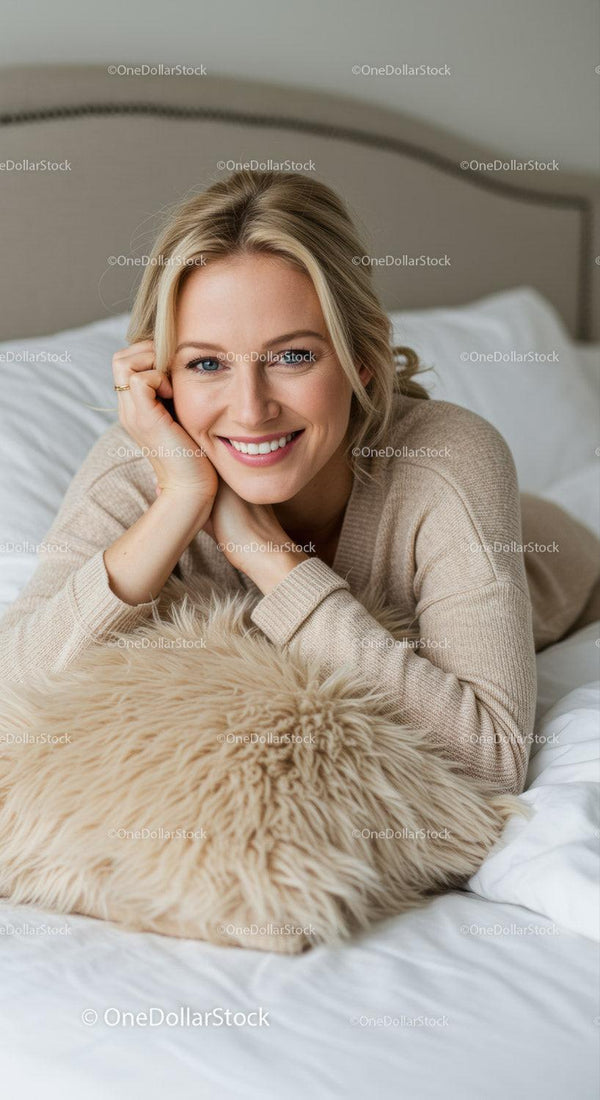 Smiling woman relaxing on bed with cozy pillow