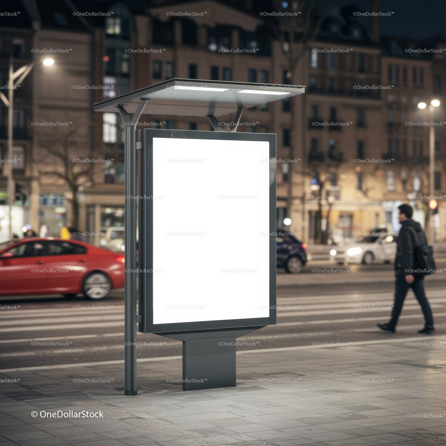 Podświetlony pusty billboard miejski w nocy na ruchliwej ulicy
