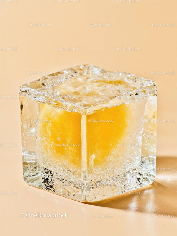 Close up of frozen lemon inside ice cube