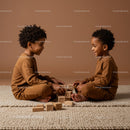 Two Young Children Playing with Wooden Blocks Indoors