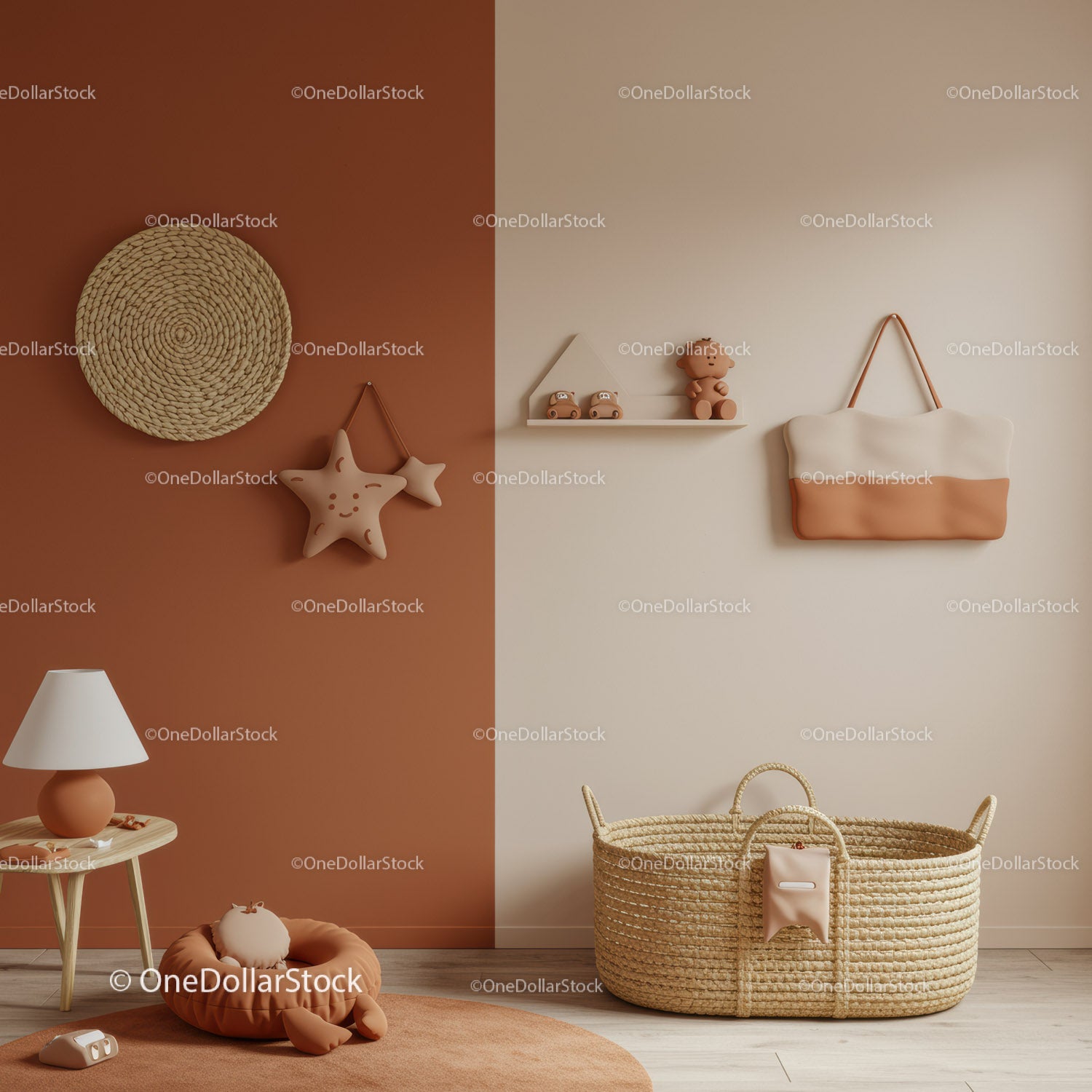 Stylish Kids Nursery with Woven Basket and Plush Decor in Natural Tones