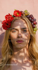 Beautiful Woman Wearing Floral Crown with Red Alstroemeria and Grape Flowers