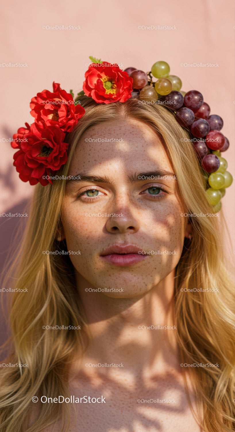 Beautiful Woman Wearing Floral Crown with Red Alstroemeria and Grape Flowers