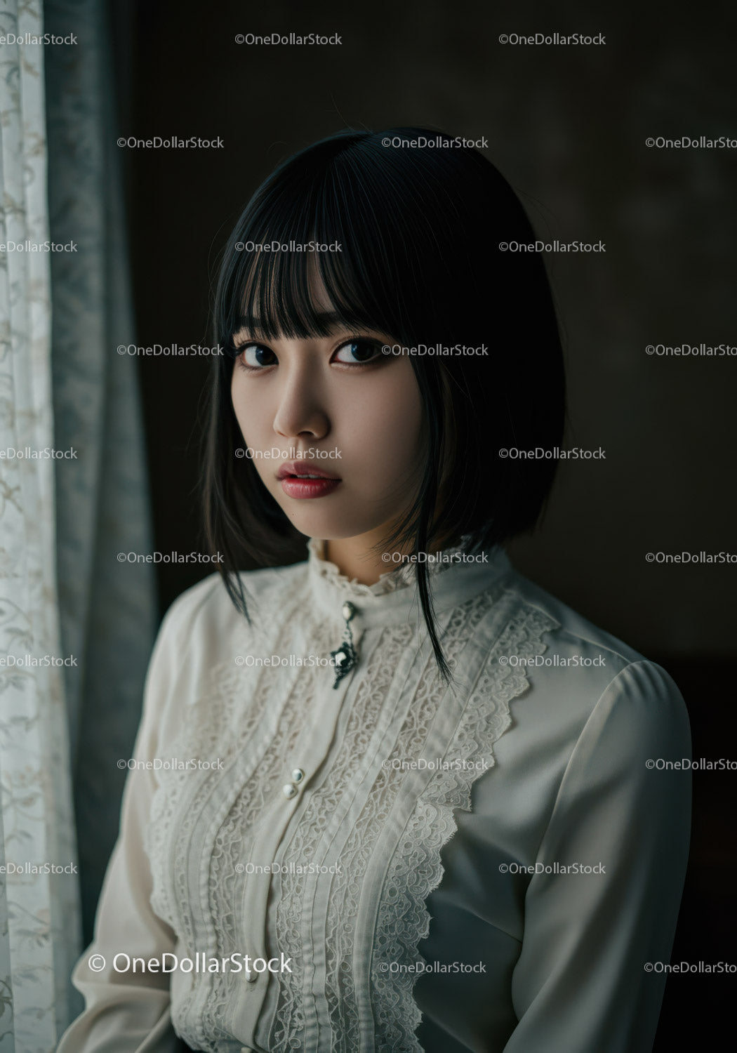 Elegant Asian woman in vintage lace blouse standing near window
