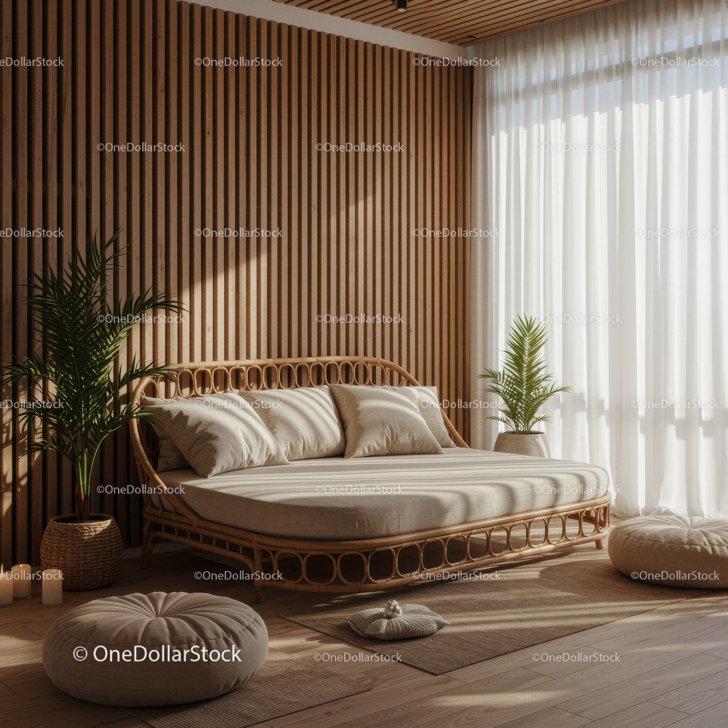 Przytulna, minimalistyczna sofa rattanowa z poduszkami w słońcu