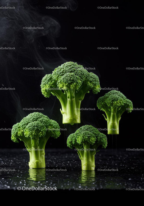 Fresh Steaming Broccoli Florets on Reflective Surface