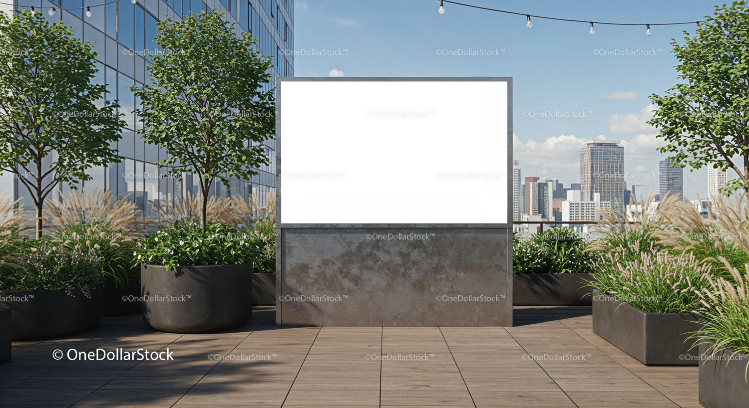 Urban rooftop with blank advertising board and greenery