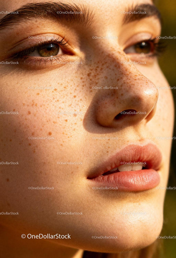 Close-up of a natural freckled face in warm sunlight