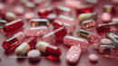 Close-up of Red, Pink, and Clear Capsules and Pills on Pink Surface
