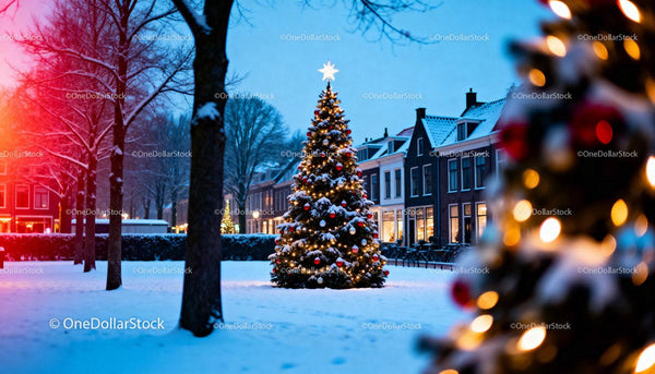 Festive Christmas tree glowing in snowy town square