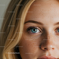Close-up of blue eye with natural freckles on skin