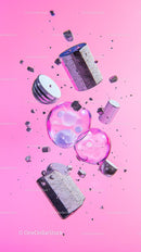 Floating Metallic Blocks and Glass Spheres on Pink Background