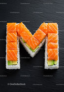 Fresh Salmon Sushi Rolls Arranged in Letter M