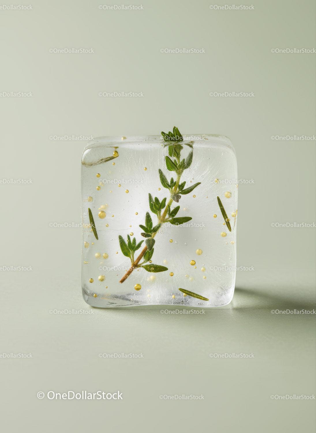 Herb and Gold Leaf in a Clear Ice Cube on Light Background