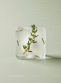 Herb and Gold Leaf in a Clear Ice Cube on Light Background
