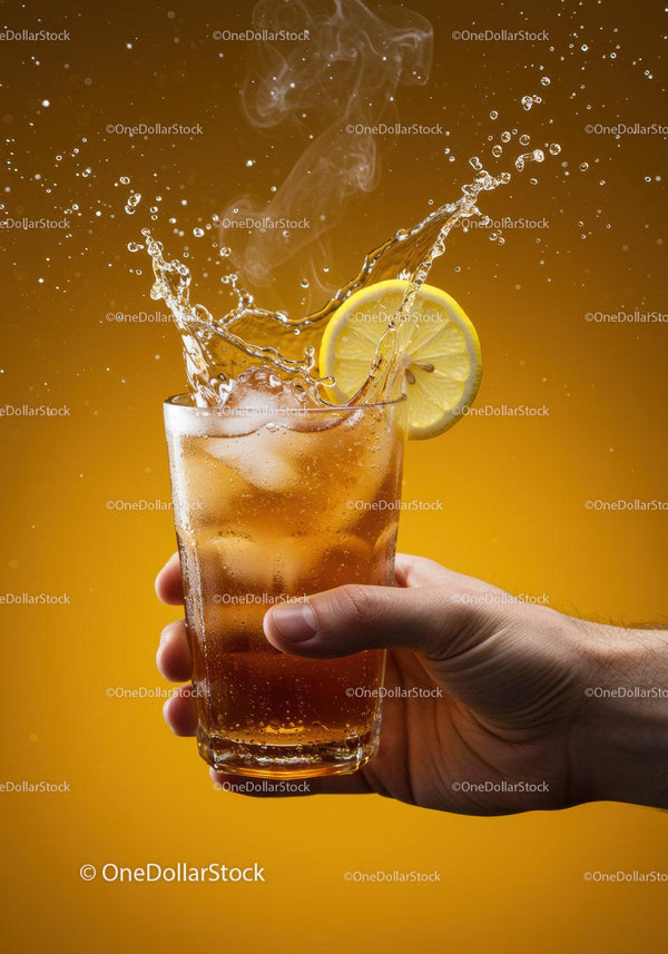 Refreshing iced tea splash with lemon slice