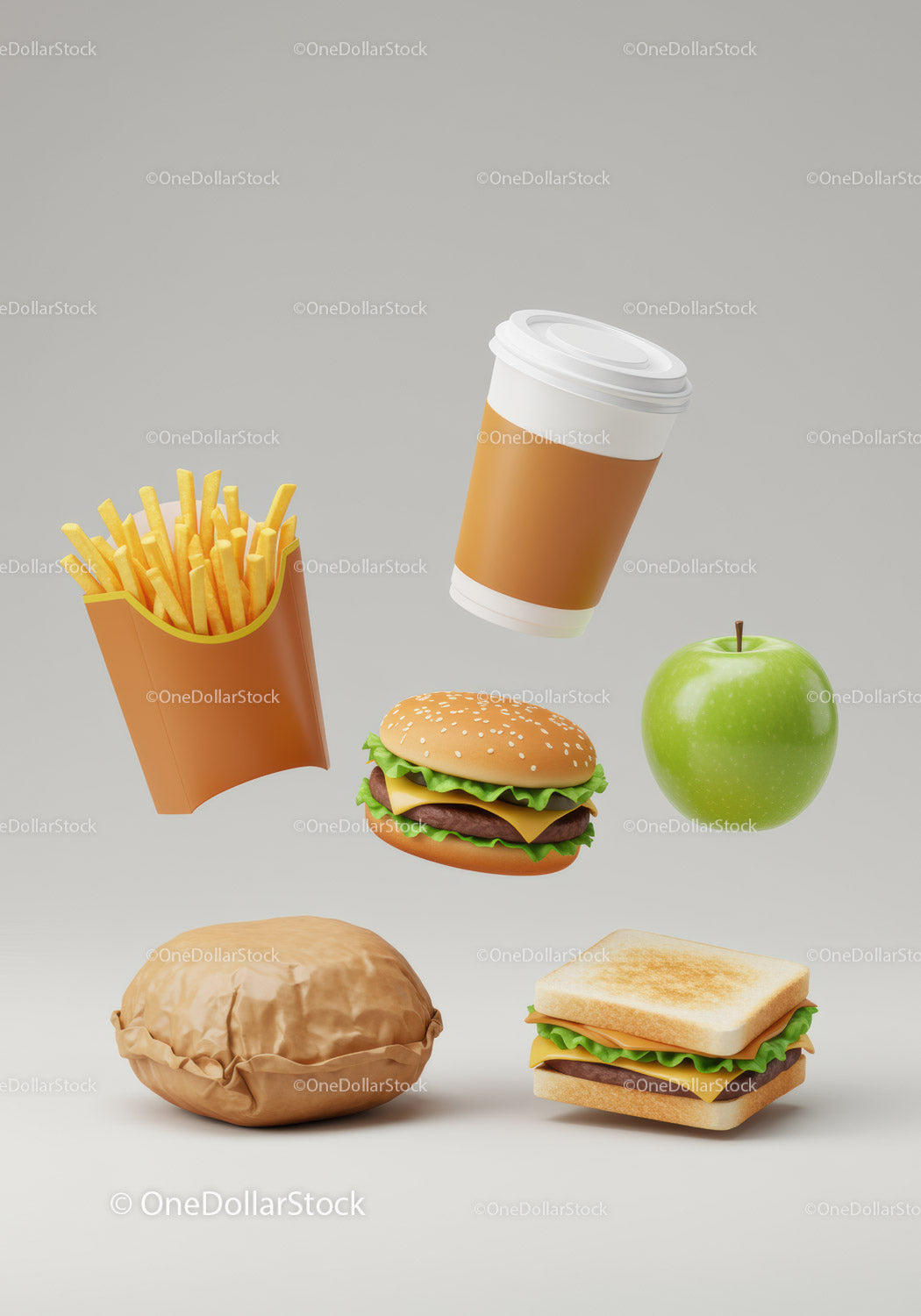 Fast food meal with fries burger sandwich and coffee cup