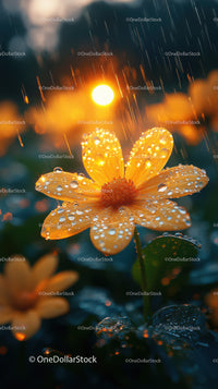 Vivid Yellow Flower with Dew Drops During Rain at Sunset