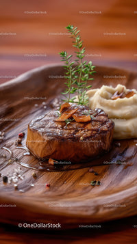 Gourmet Seared Filet Mignon with Mashed Potatoes and Herb Garnish