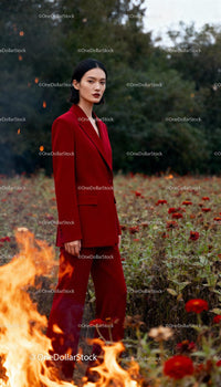 Confident woman in red suit standing among fiery flowers