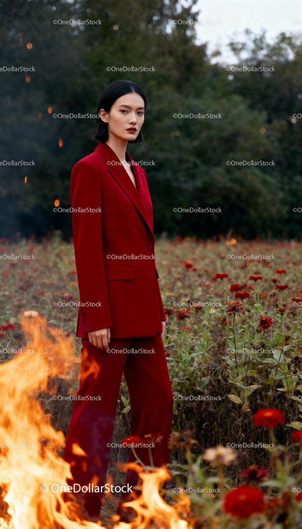 Confident woman in red suit standing among fiery flowers