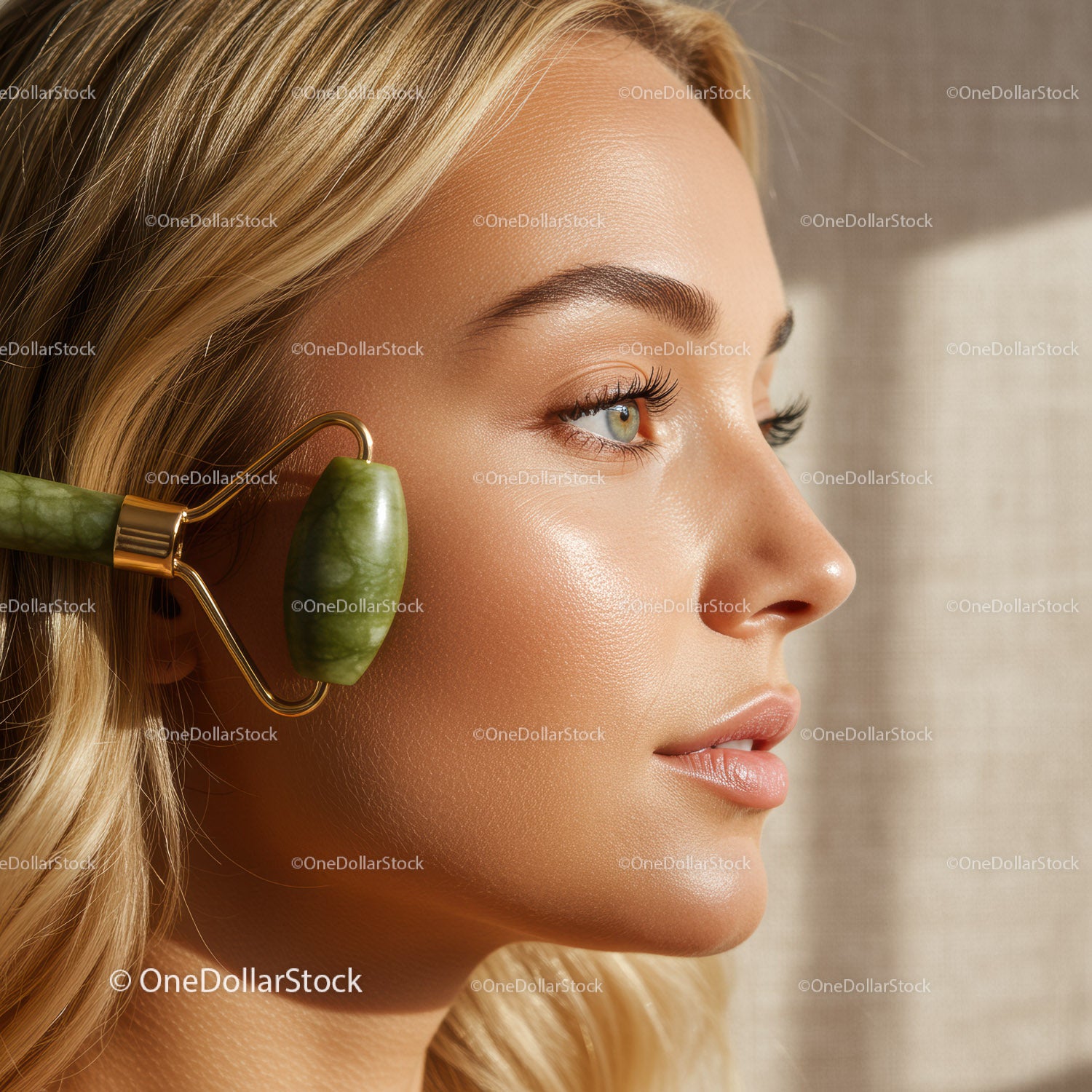 Close Up of a Woman Receiving Facial Massage with Jade Roller for Glowing Skin