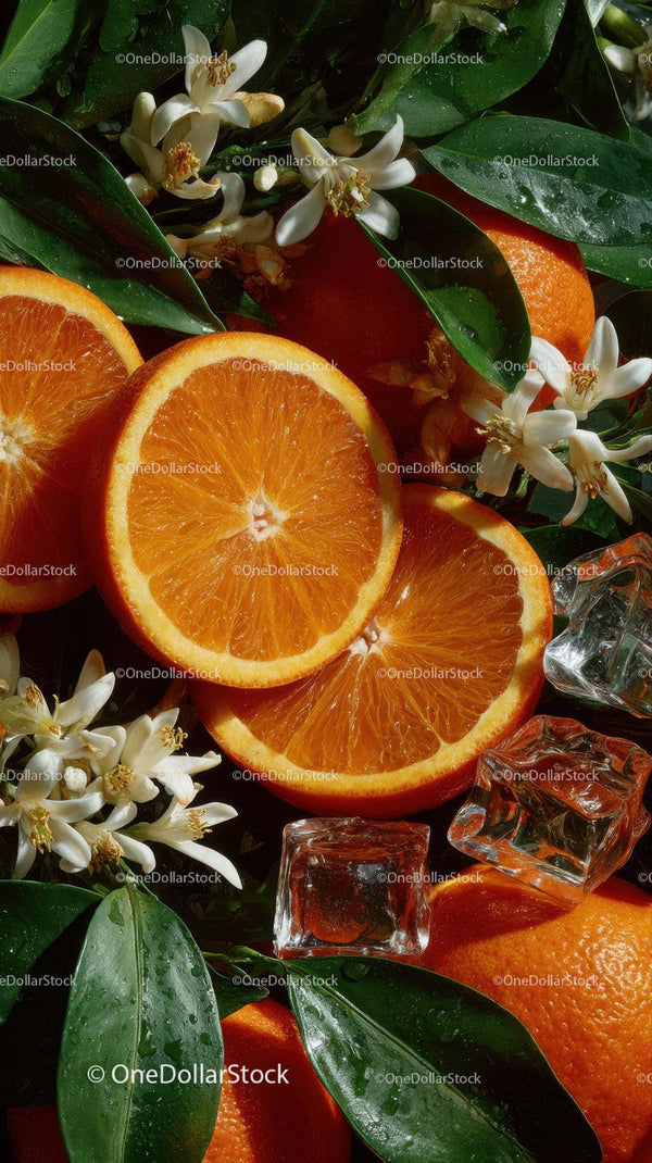Fresh Orange Slices with Green Leaves and White Flowers