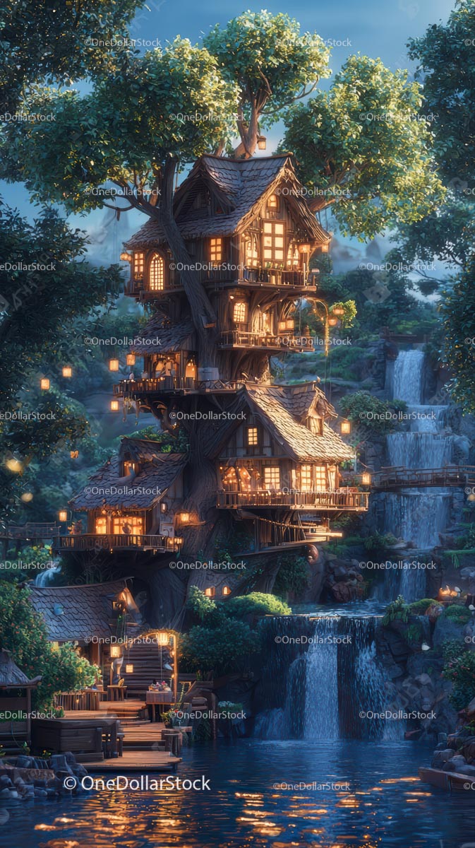 Magical Treehouse Village Nested Among Tall Trees with Waterfall