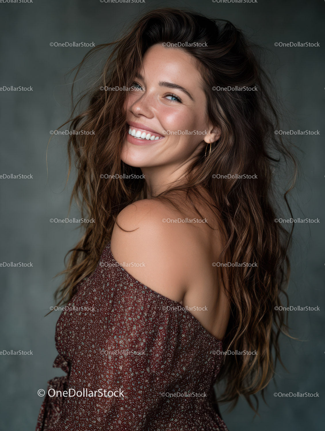 Vibrant Young Woman with Wavy Hair and Bright Smile